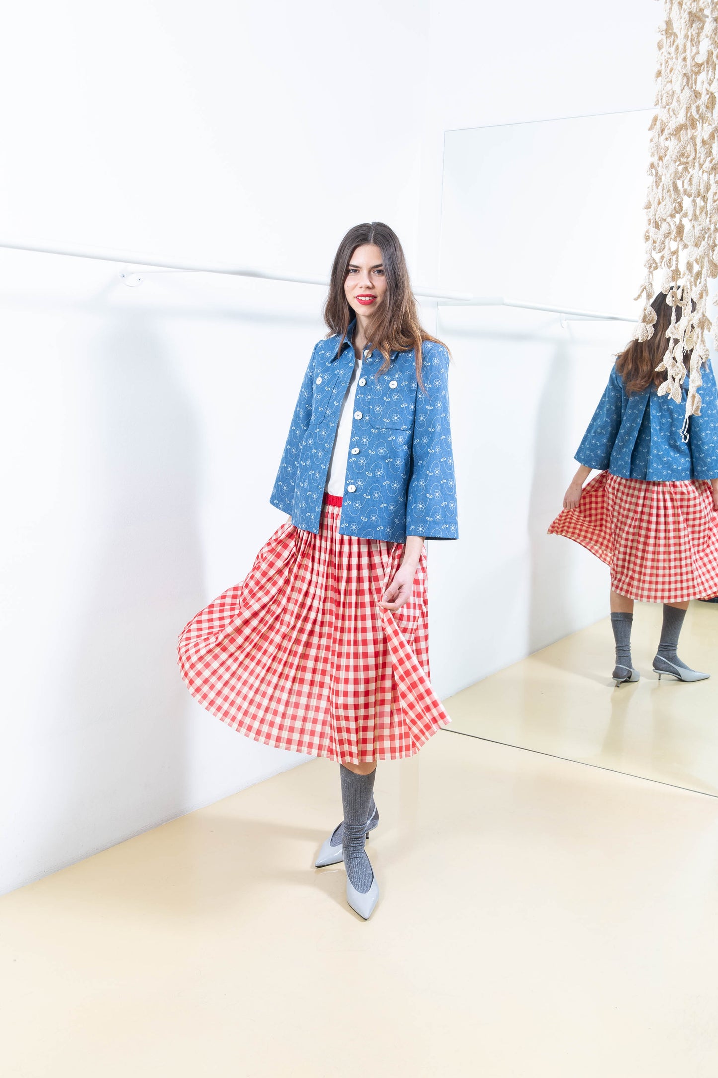 Red and White Gingham Pleated  Skirt