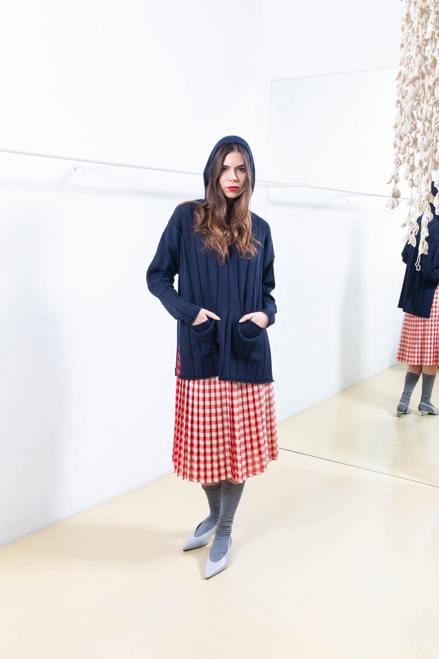 Red and White Gingham Pleated  Skirt