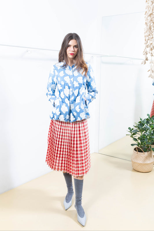 Red and White Gingham Pleated  Skirt