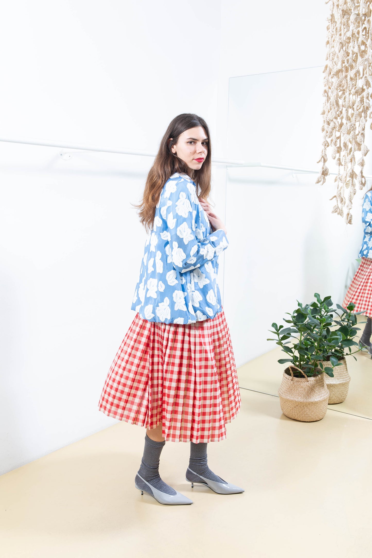 Red and White Gingham Pleated  Skirt