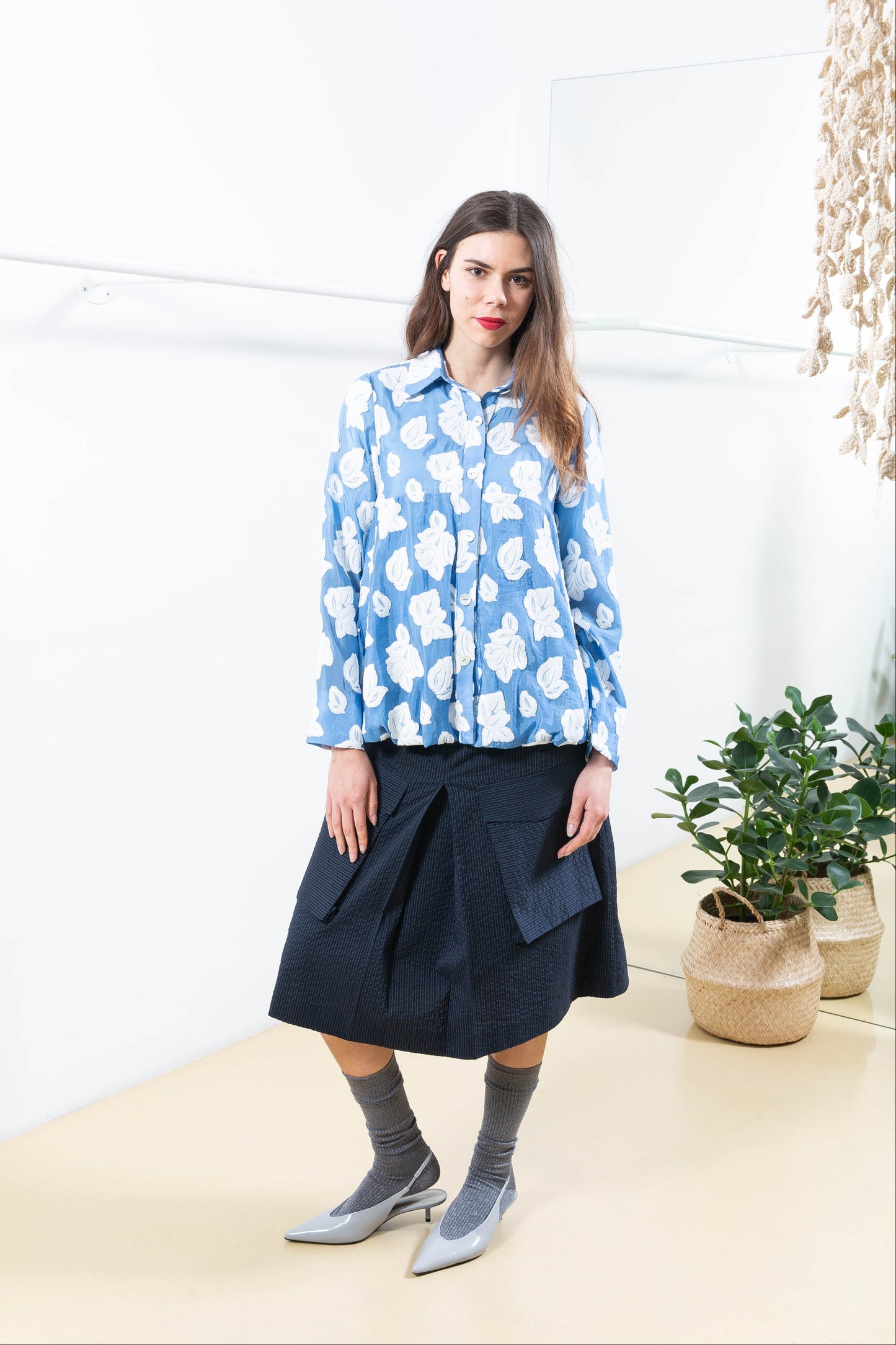 Blue Ballon Shirt with White Florals