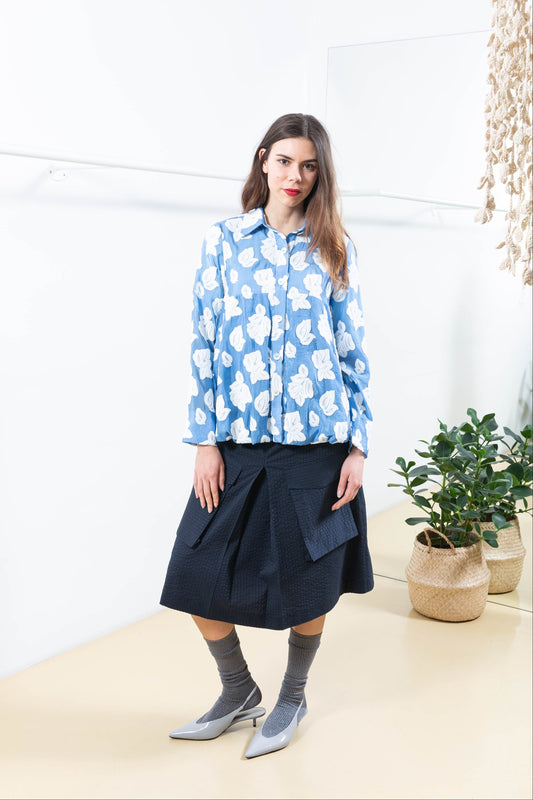 Blue Ballon Shirt with White Florals