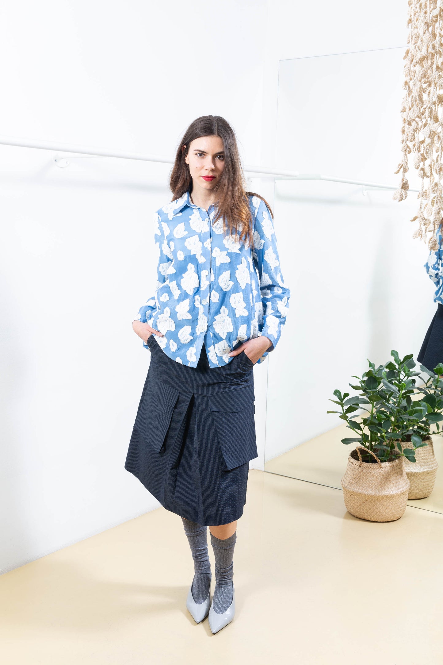 Navy Striped Skirt with Cargo Pockets