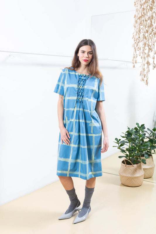 Blue and Yellow Patterned Dress with Details on the Front
