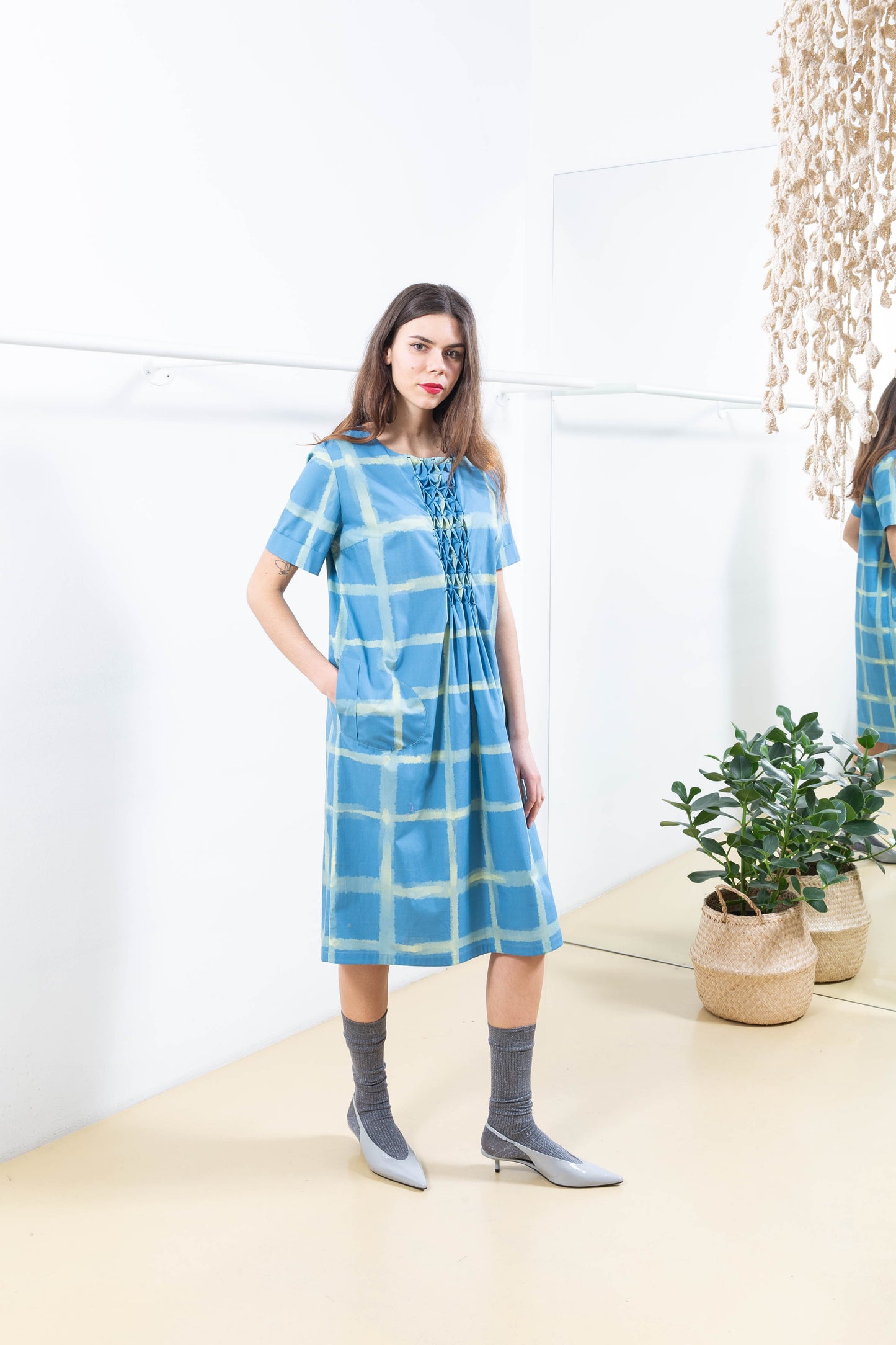 Blue and Yellow Patterned Dress with Details on the Front