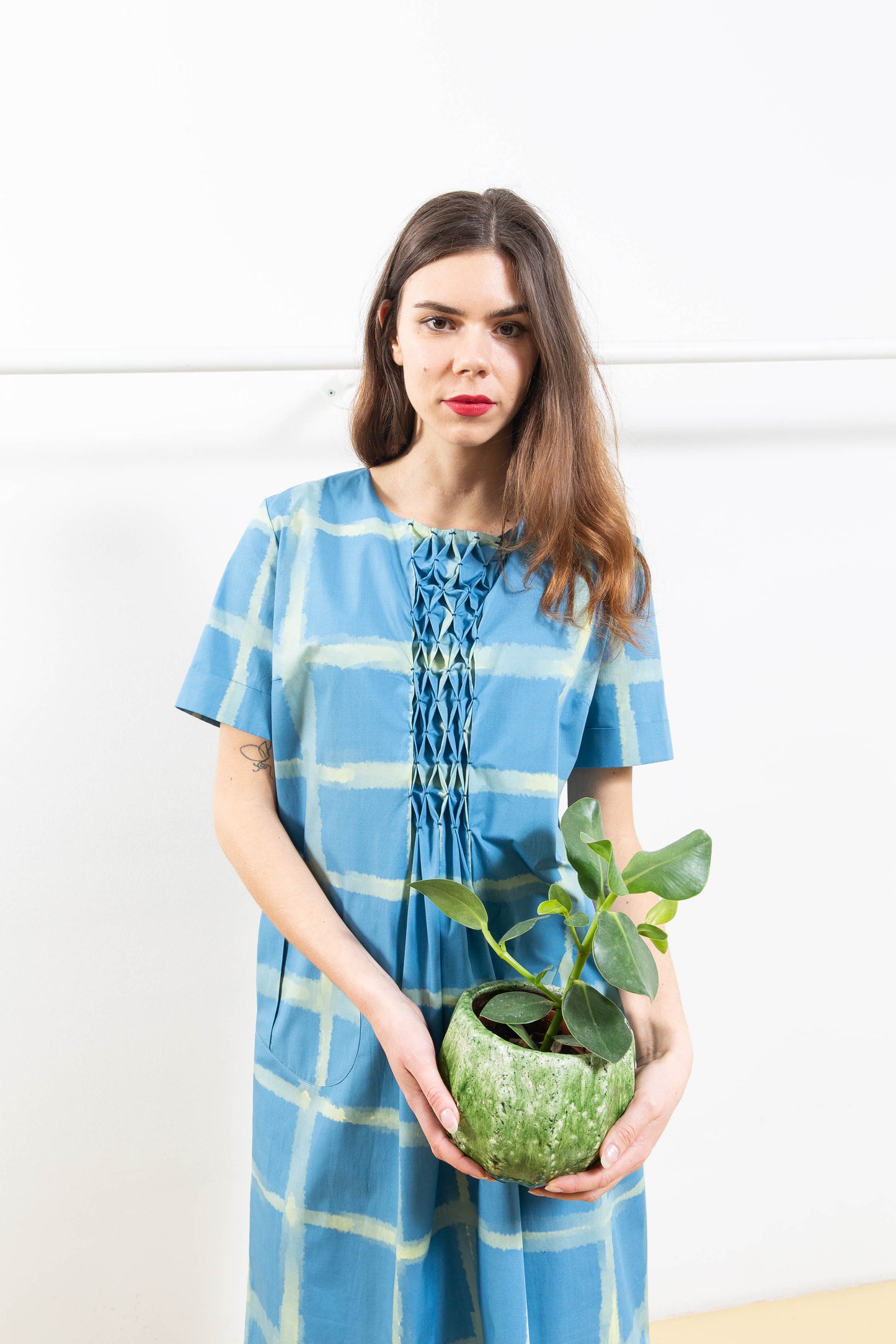 Blue and Yellow Patterned Dress with Details on the Front