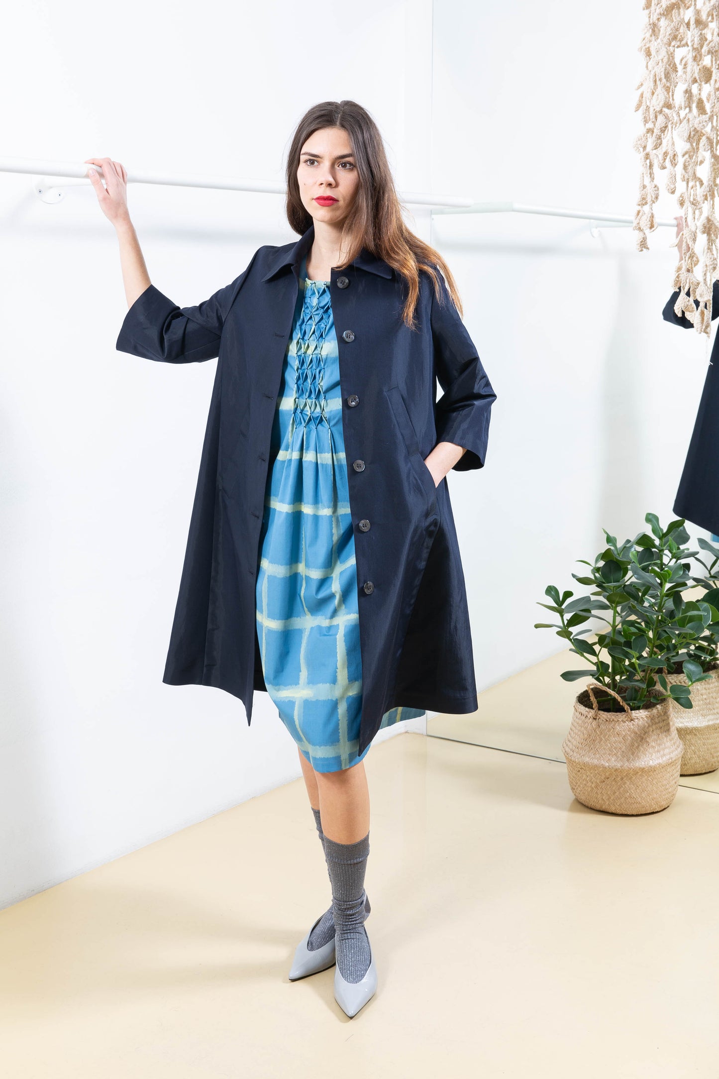 Blue and Yellow Patterned Dress with Details on the Front