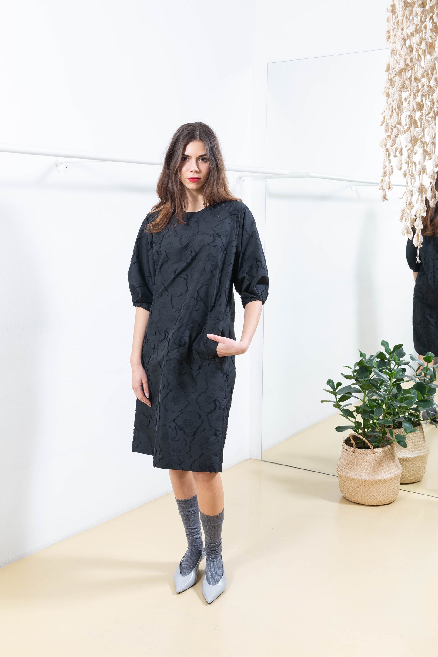 Black Textured Floral Dress with Bubble Sleeves
