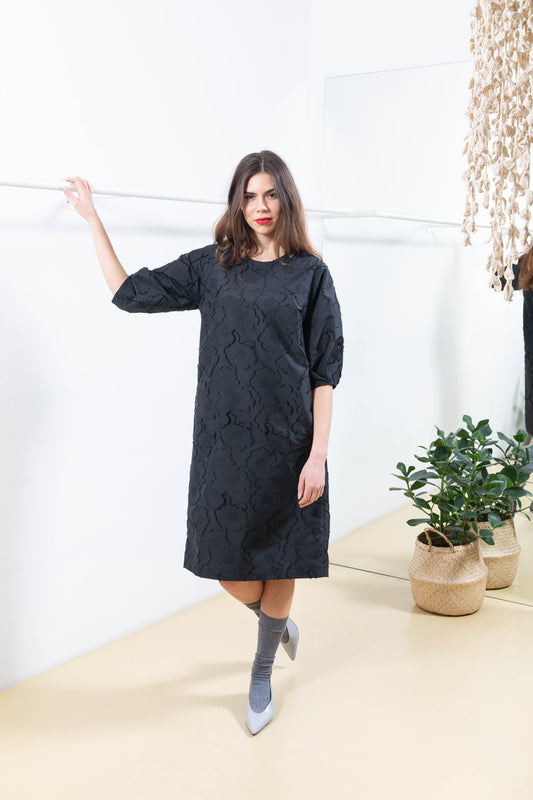 Black Textured Floral Dress with Bubble Sleeves