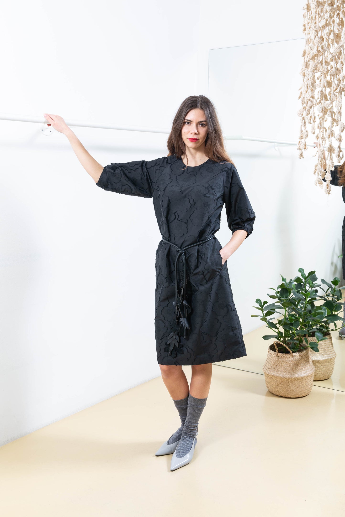 Black Textured Floral Dress with Bubble Sleeves