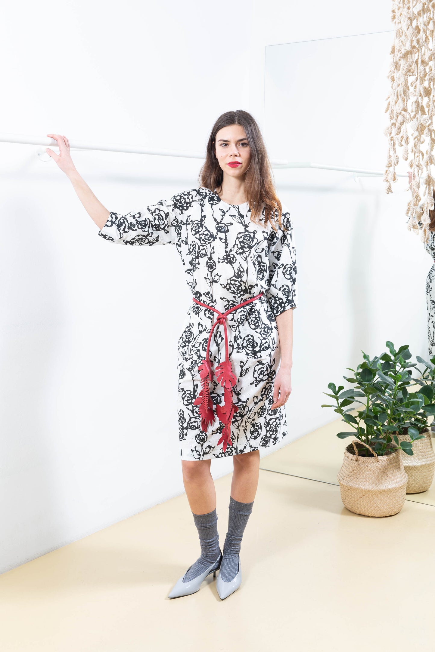 White Textured Dress with Black Florals and Bubble Sleeves