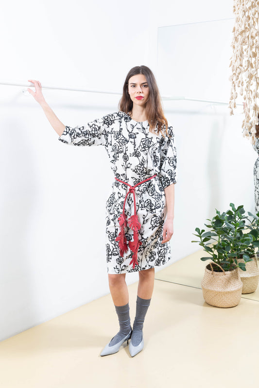 White Textured Dress with Black Florals and Bubble Sleeves