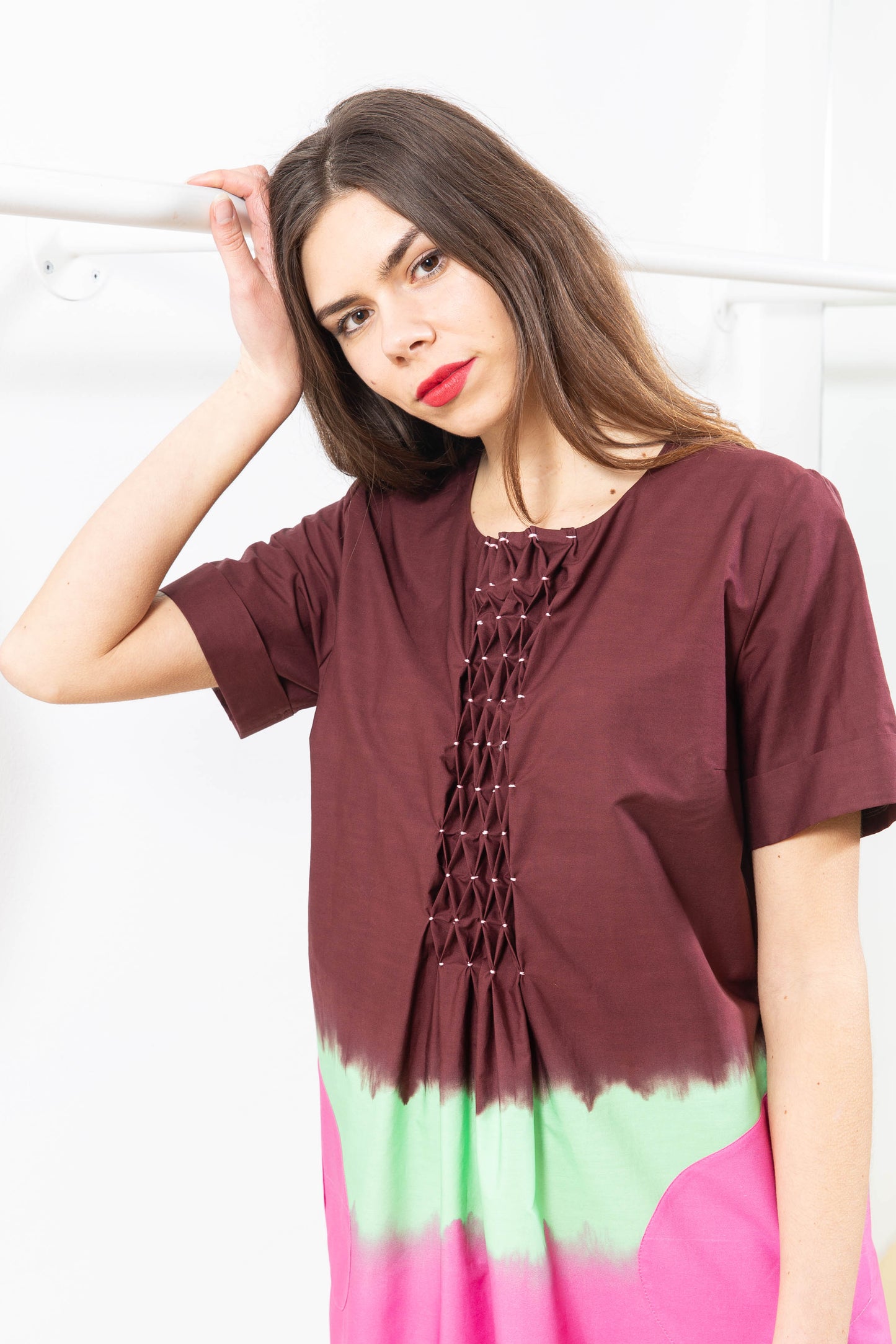 Multicolored Dress with Details on the Front
