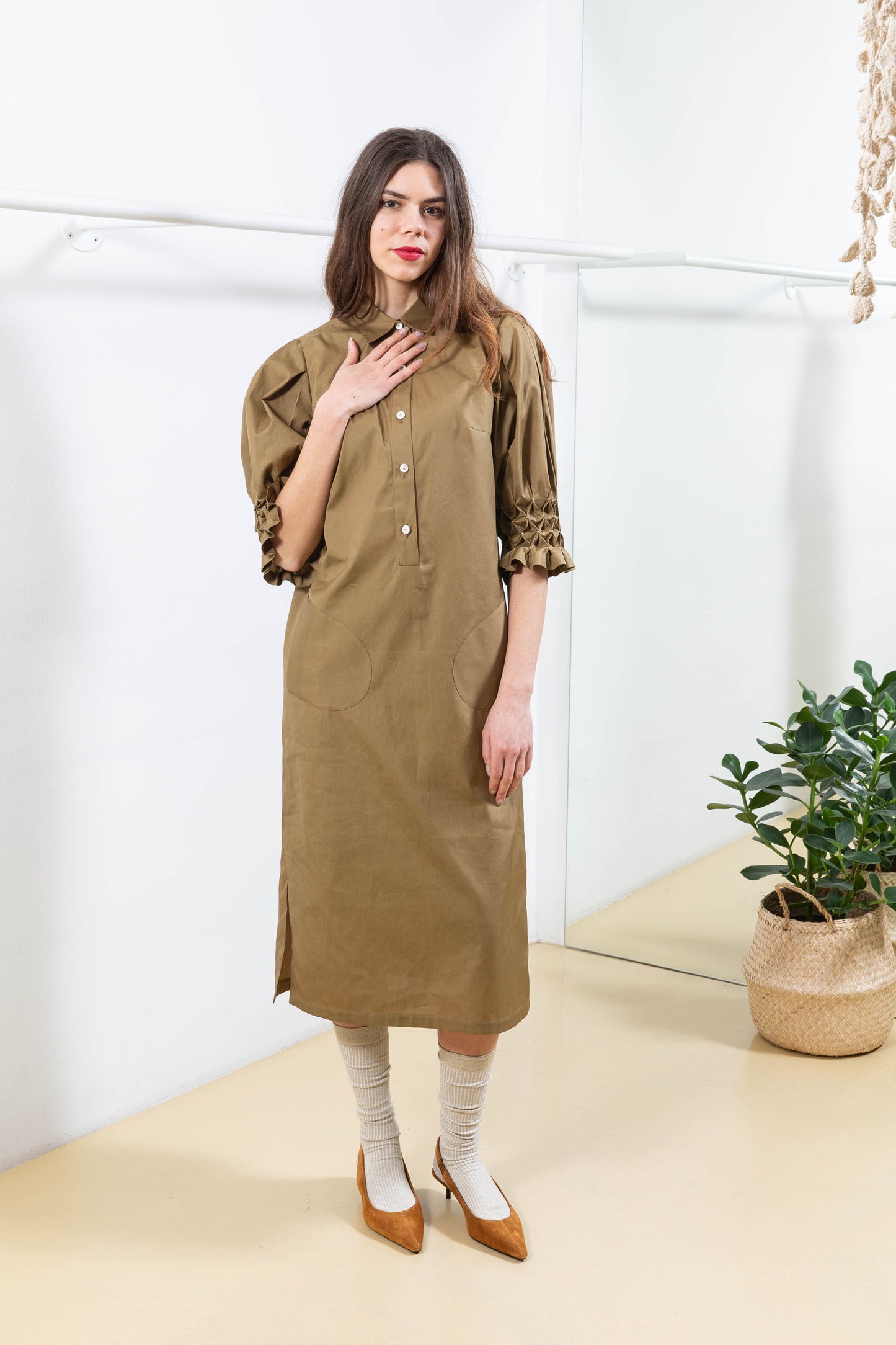 Brown Dress with Details on the Sleeves