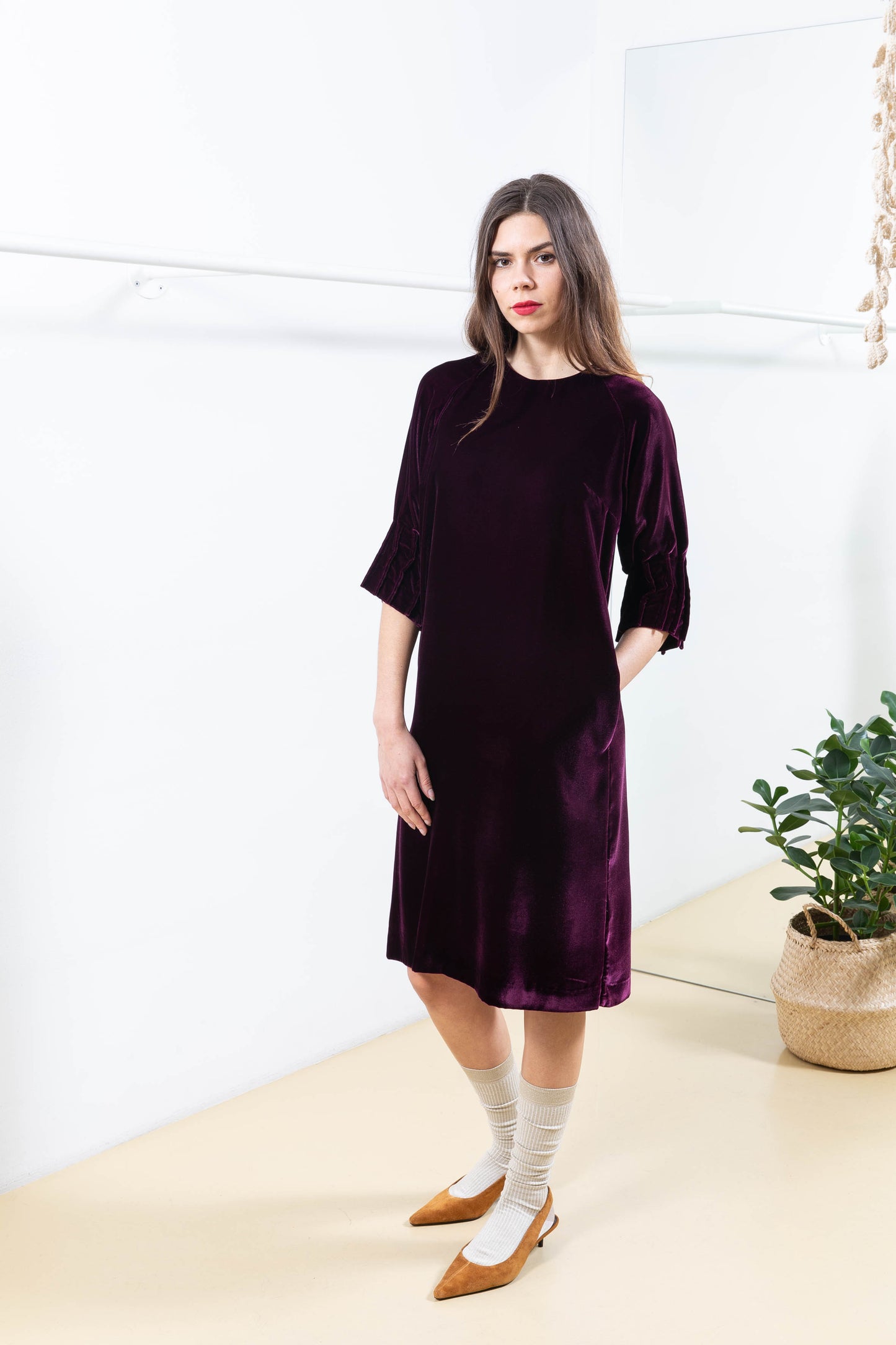 Velvet Dress with Pleated Sleeves